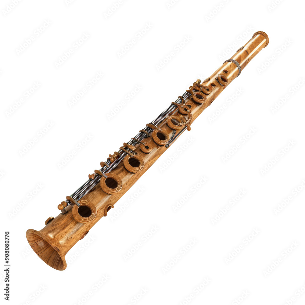 Naklejka premium A wooden clarinet with silver keys lies on a black background.