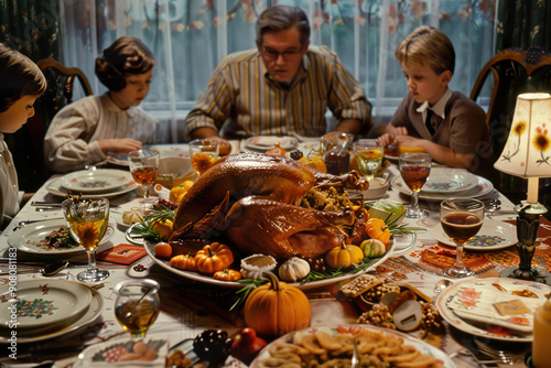 A family is gathered around a table with a large turkey and many dishes of food.