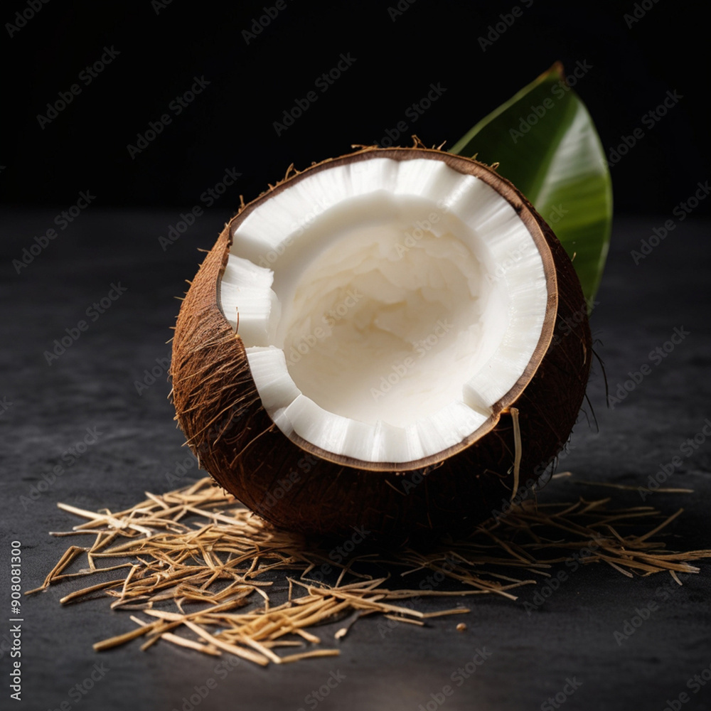 Studio shot of an open coconut with skin around Studio shot of an open coconut with skin around