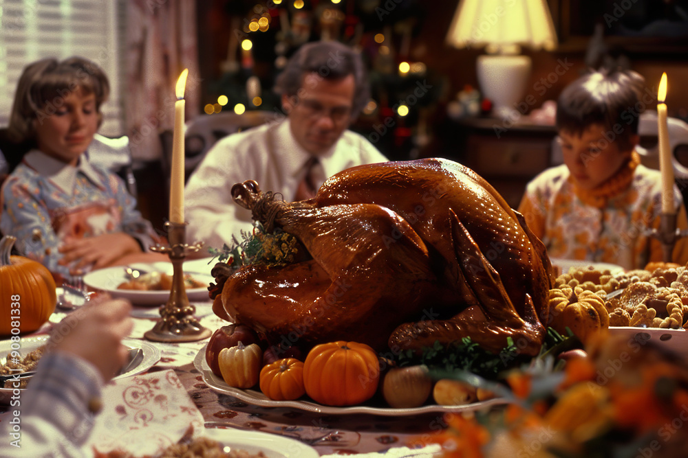 A family is gathered around a table with a large turkey and many dishes of food. A family is gathered around a table with a large turkey and many dishes of food.