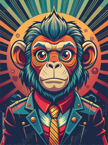 A Stylish Monkey in a Suit and Tie Against a Retro Background