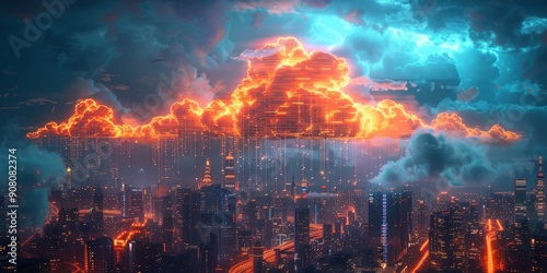 A digital illustration of cloud computing network with orange glowing clouds above cityscape.