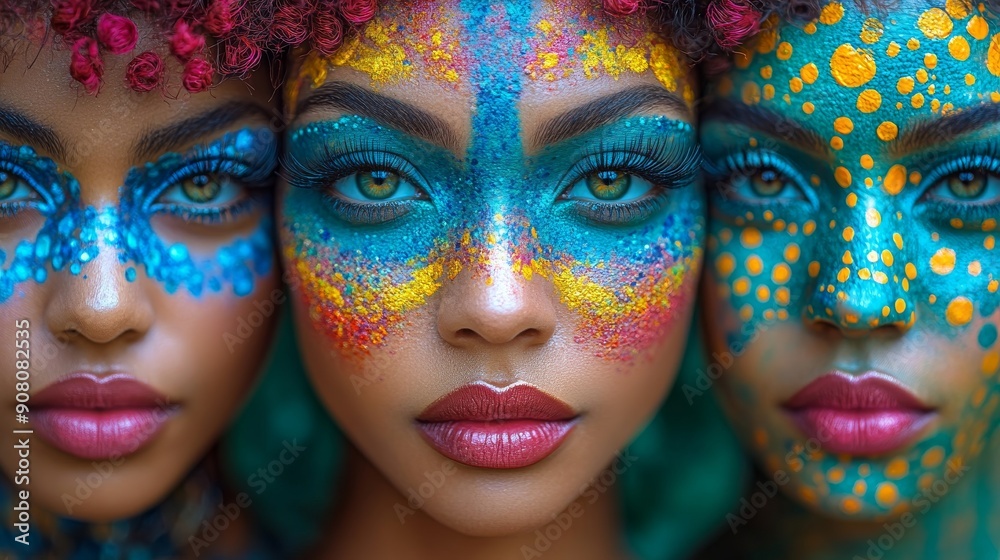 Faces of the Forest: Three women adorned in vibrant, nature-inspired makeup embody the beauty and mystique of the wilderness. Faces of the Forest: Three women adorned in vibrant, nature-inspired makeup embody the beauty and mystique of the wilderness.