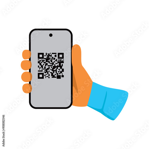 QR code scanning icon in smartphone. hand holding Mobile phone in line style, barcode scanner for pay, web, mobile app, promo.