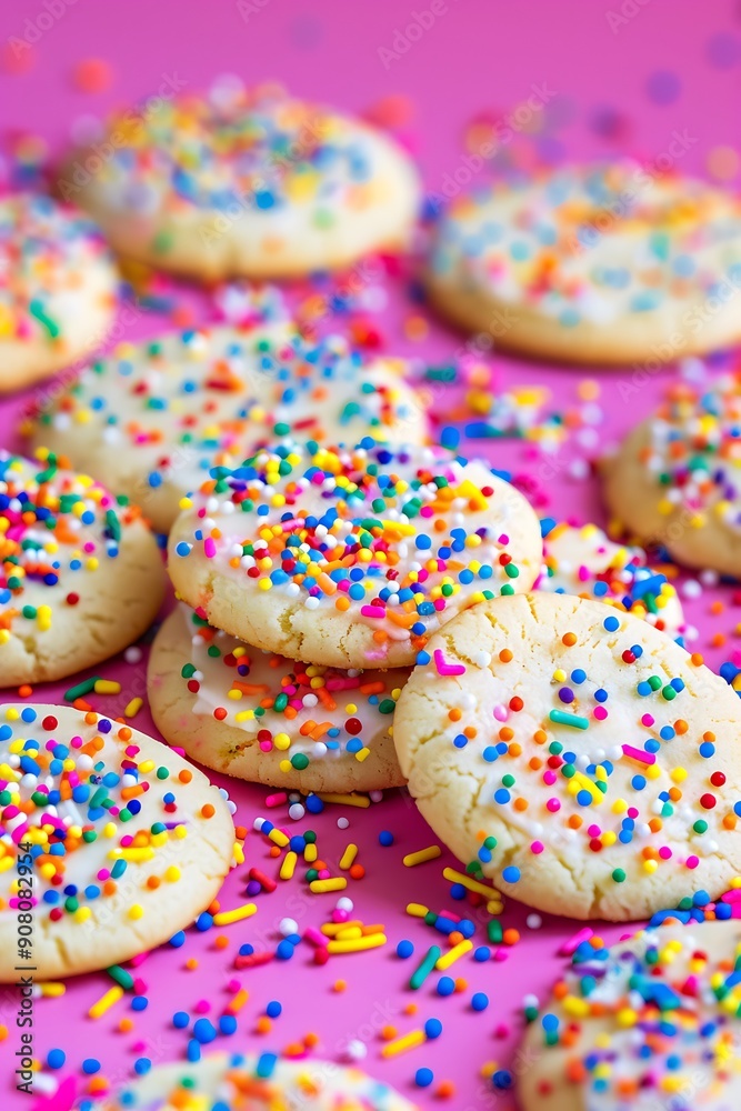 Close Up of Sugar Cookies Topped with Sprinkles on Pink Background. Close Up of Sugar Cookies Topped with Sprinkles on Pink Background.