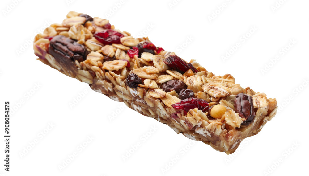 Close-up of a granola bar with cranberries, nuts, and raisins. The bar is isolated on a black background. Close-up of a granola bar with cranberries, nuts, and raisins. The bar is isolated on a black background.