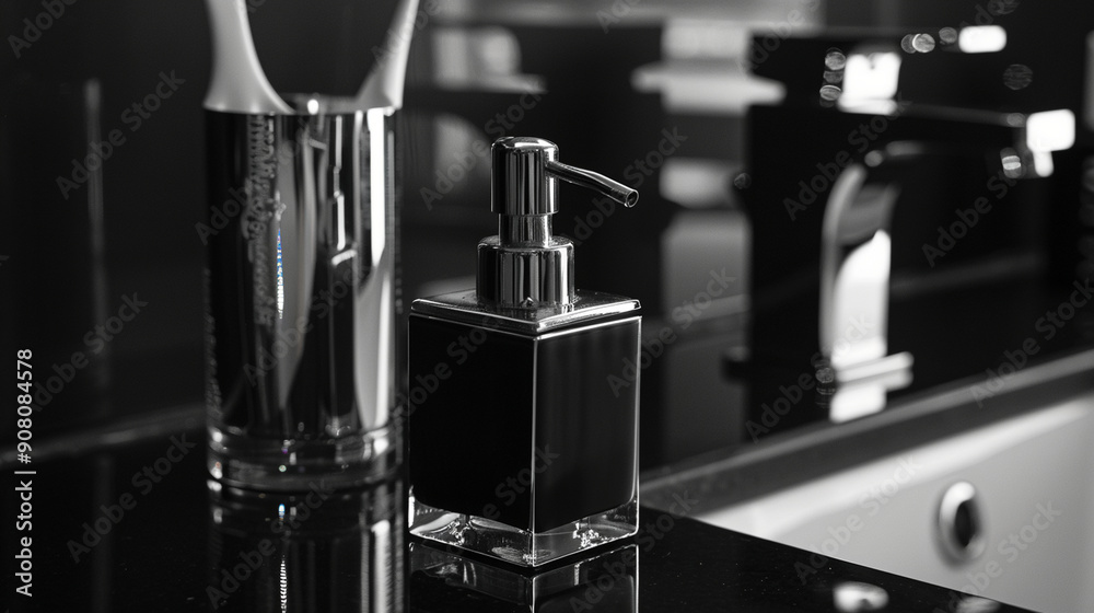 Close-up of a stylish soap dispenser with detailed pump and reflections Close-up of a stylish soap dispenser with detailed pump and reflections
