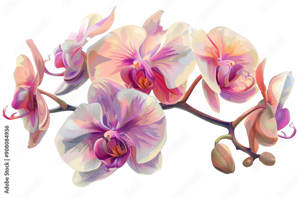 Obraz premium Close-up of delicate pink and white orchids with vibrant purple centers, isolated on a black background.