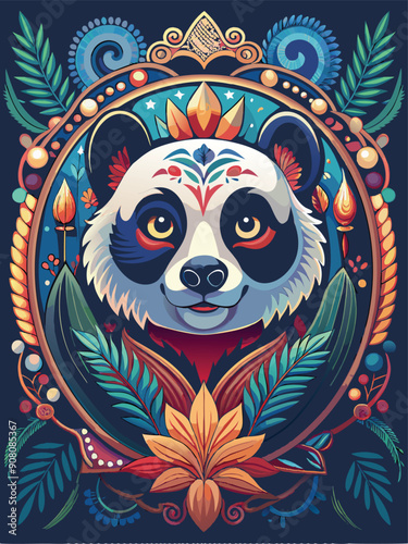 A Panda's Face Surrounded by Ornate Floral Designs