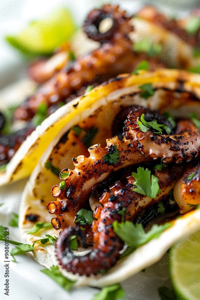 Close-up of grilled octopus in a tortilla with cilantro and lime. Close-up of grilled octopus in a tortilla with cilantro and lime.