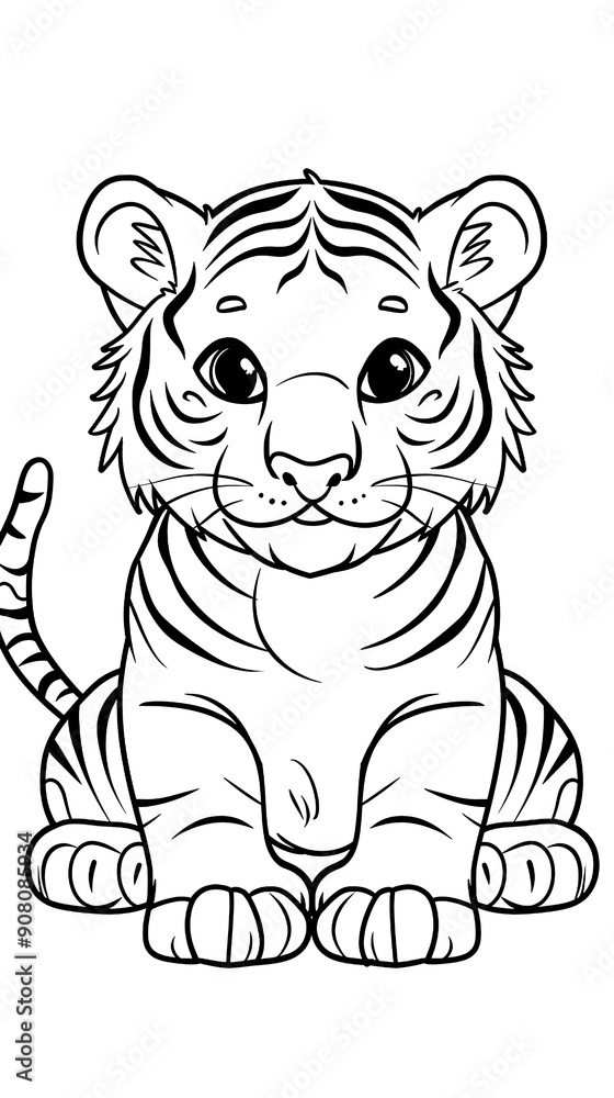 Black and white image to color, of an adorable tiger, coloring page for kids to entertain and avoid stress Black and white image to color, of an adorable tiger, coloring page for kids to entertain and avoid stress