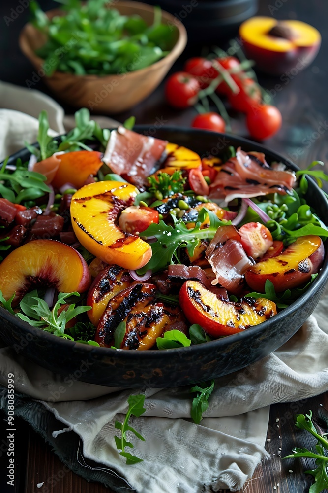 Close-up of a Fresh and Delicious Salad with Grilled Peaches, Prosciutto, and Arugula. Close-up of a Fresh and Delicious Salad with Grilled Peaches, Prosciutto, and Arugula.