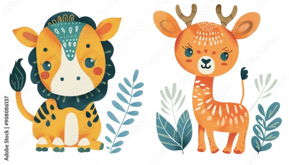 Naklejka premium Cute cartoon lion and deer with leafy foliage. Ideal for children's books, cards, and invitations.