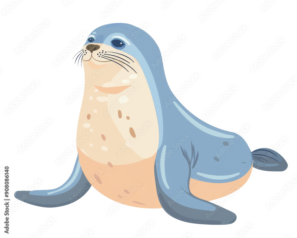 Fototapeta premium Cute cartoon seal with blue fur and big eyes, sitting on a white background. Perfect for kids' books or illustrations.