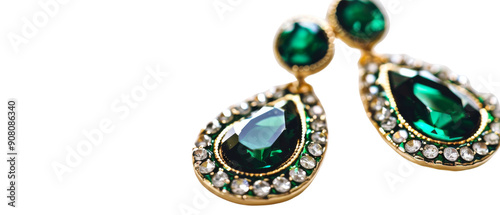 Emerald gemstone earrings with gold setting and diamond accents.