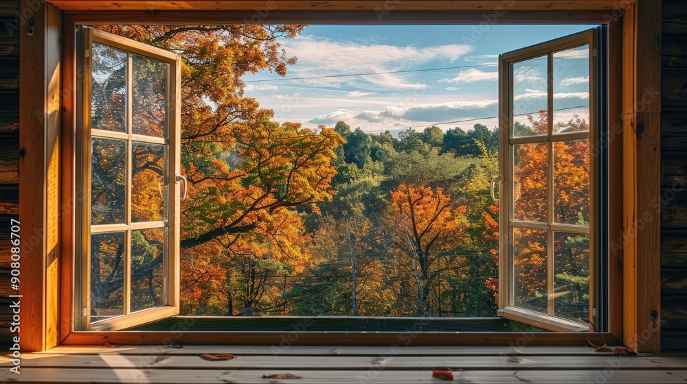 Square window frame overlooking green and orange trees from a deck Square window frame overlooking green and orange trees from a deck