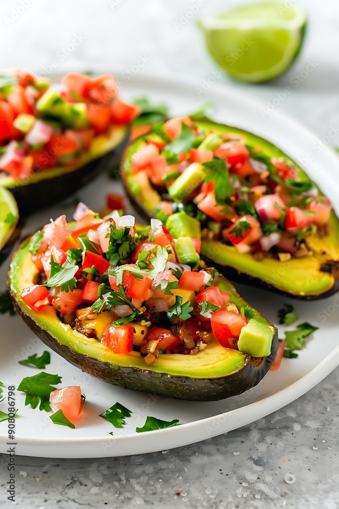 Close-up of avocado halves filled with diced tomatoes, avocado, red onion, and cilantro on a white plate.
