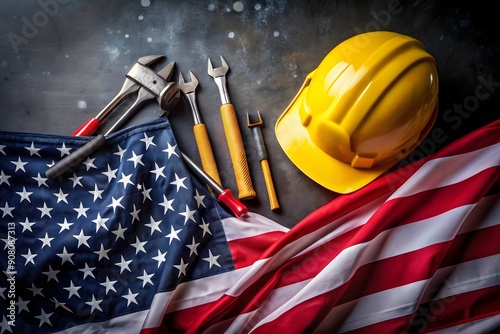 Happy Labor day American national holiday greeting card template. Flat lay yellow safety helmet, flag of USA, building tools on wooden table. Top view. 