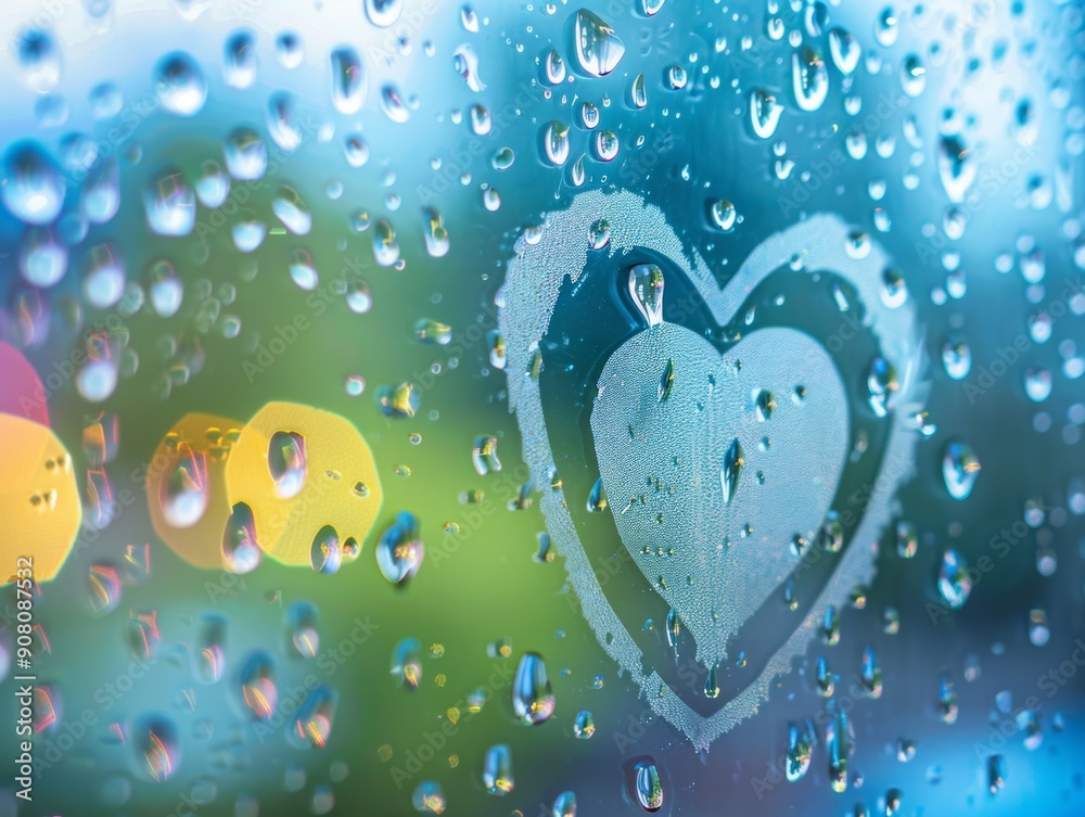 Medium shot of a foggy glass panel covered with flowing drops of water, on the glass there is an image of a heart in a simple style drawn 