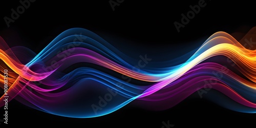 Dynamic light waves flow across a dark background, creating an abstract and vibrant visual effect.