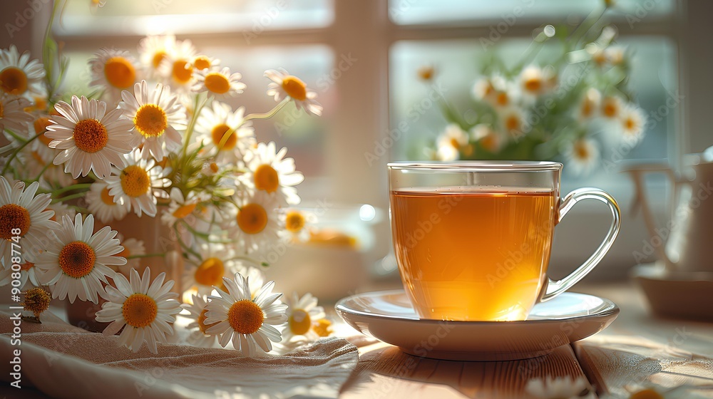 Cup of chamomile tea with chamomile flowers in the background Cup of chamomile tea with chamomile flowers in the background