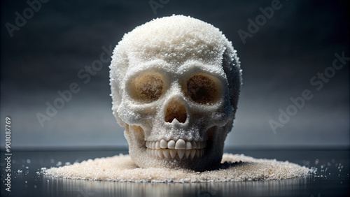 A detailed sculpture of a skull crafted from sugar rests on a dark surface, surrounded by a fine layer of sugar, capturing an intriguing contrast