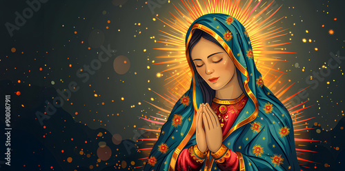 Virgen de Guadalupe,ilustración sobre un fondo beige, 12 de diciembre en la basilica de guadalupe
