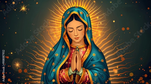 Virgen de Guadalupe,ilustración sobre un fondo beige, 12 de diciembre en la basilica de guadalupe