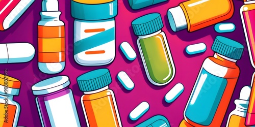 A vibrant pop art comic style illustration of various medication bottles and pills in a dynamic, colorful layout.