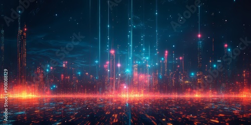 A futuristic cityscape with glowing digital lines, set against a night sky with an abstract concept of connectivity. Generative AI