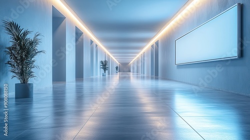 Modern Minimalist Corridor with Sleek Lighting and Potted Plants in a Contemporary Building Interior