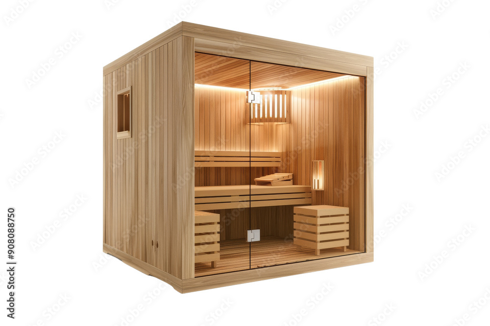 Modern wooden sauna with glass doors, interior lighting and benches. Modern wooden sauna with glass doors, interior lighting and benches.