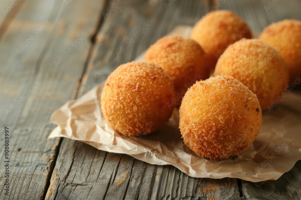 Crunchy rice balls on a rustic backdrop - traditional italian dish. Flavorful orbs stuffed with delicious fillings Crunchy rice balls on a rustic backdrop - traditional italian dish. Flavorful orbs stuffed with delicious fillings