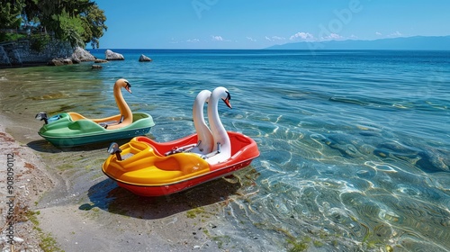 A pair of colorful pedal boats shaped like swans on the shore of a clear blue lake with a sandy beach. The boats should appear ready for a fun family day out on the water. photo