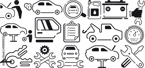 Automotive Service and Maintenance Icons Set - Vector Illustrations of Car Repair, Tools, and Diagnostics