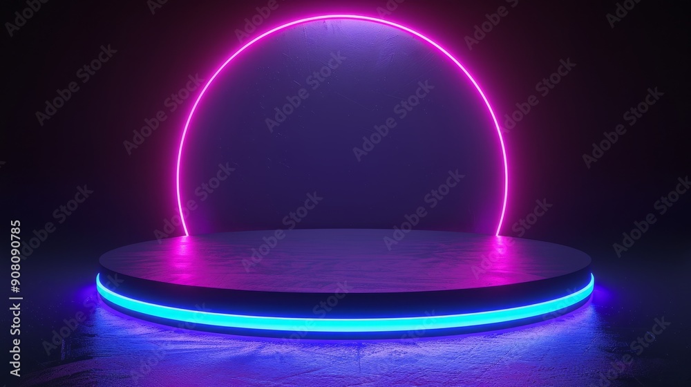 Neon blue light podium with pink glow in dark studio setting Neon blue light podium with pink glow in dark studio setting