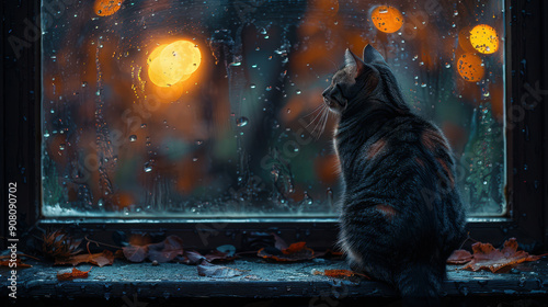 Cozy cat watching raindrops on window with glowing Halloween lanterns outside on a rainy night