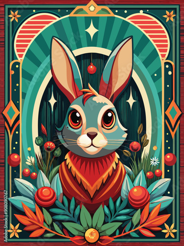 A stylized rabbit with red eyes and a red collar, framed in a decorative border with green, orange, and red foliage