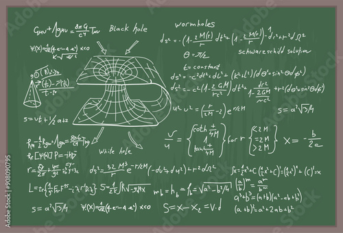 A chalkboard filled with complex physics equations, diagrams of black holes, wormholes, and white holes, representing advanced concepts in theoretical physics.