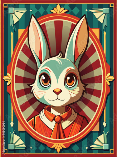 A Cartoon Rabbit Wearing a Red Suit and Bowtie in a Circular Frame