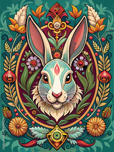 Floral Frame Enclosing a Rabbit's Head