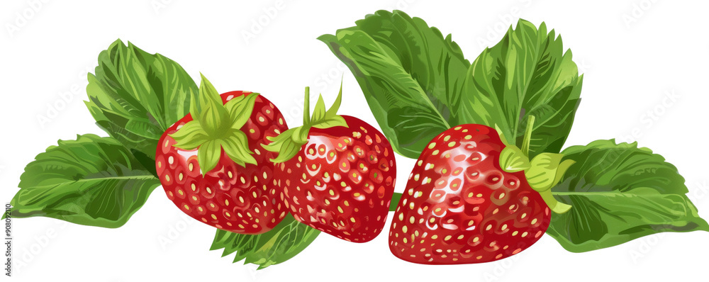Three ripe strawberries with green leaves. Three ripe strawberries with green leaves.