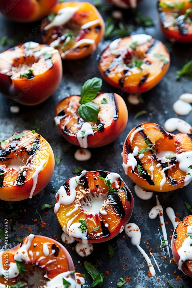 Grilled Peach Halves with Cream and Basil. Grilled Peach Halves with Cream and Basil.