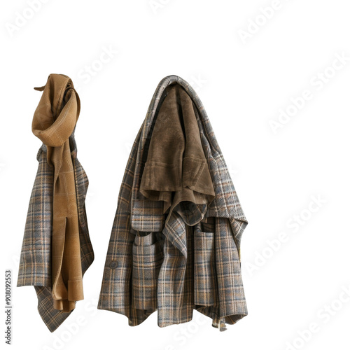 Two garments hang on a hanger, a plaid jacket and a brown scarf. The jacket is folded and the scarf is draped over the hanger.