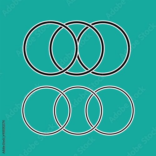 Interlocking circles in primary colors. Unity concept with colorful rings. Overlapping geometric shapes. Geometric intersecting circles, rings abstract icon. Vector illustration. Eps file 21.