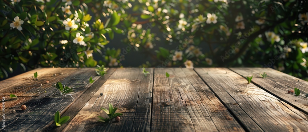 Empty rustic wooden table with blossoming flowers in the background, perfect for outdoor settings. Free copy space for text. Empty rustic wooden table with blossoming flowers in the background, perfect for outdoor settings. Free copy space for text.