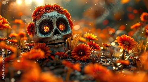 3D skull or calaca with orange cempasúchil-style flowers for the Day of the Dead, a Mexican tradition celebrated in November photo