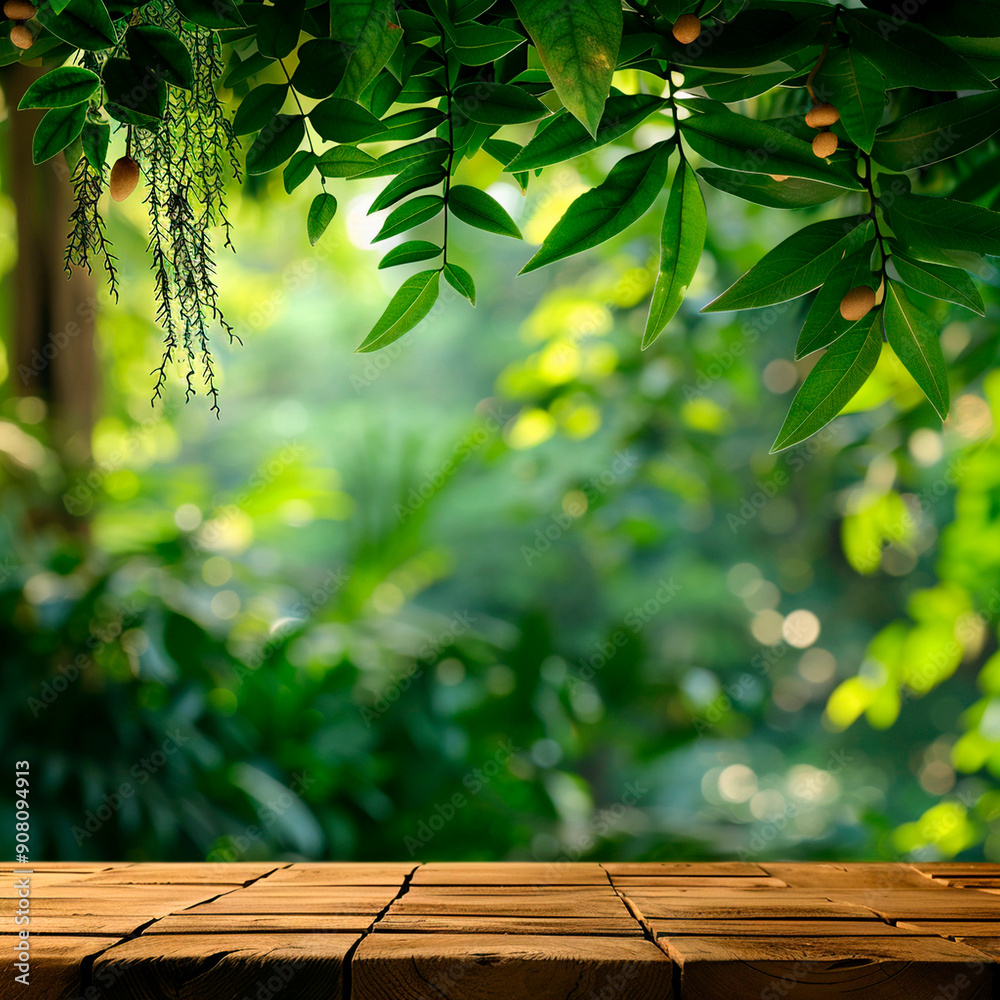 Background with wooden table and green grass. Mock up for products display. Text area for design Background with wooden table and green grass. Mock up for products display. Text area for design