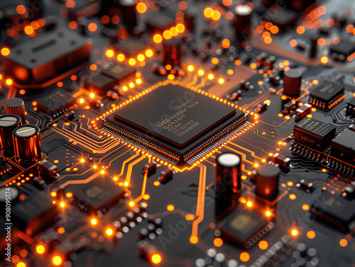 Close-up electronic circuit board. technology style concept. Contemporary Super Computer Processor. Industrial Robotic Manipulator End Effector Holding CPU Chip photo