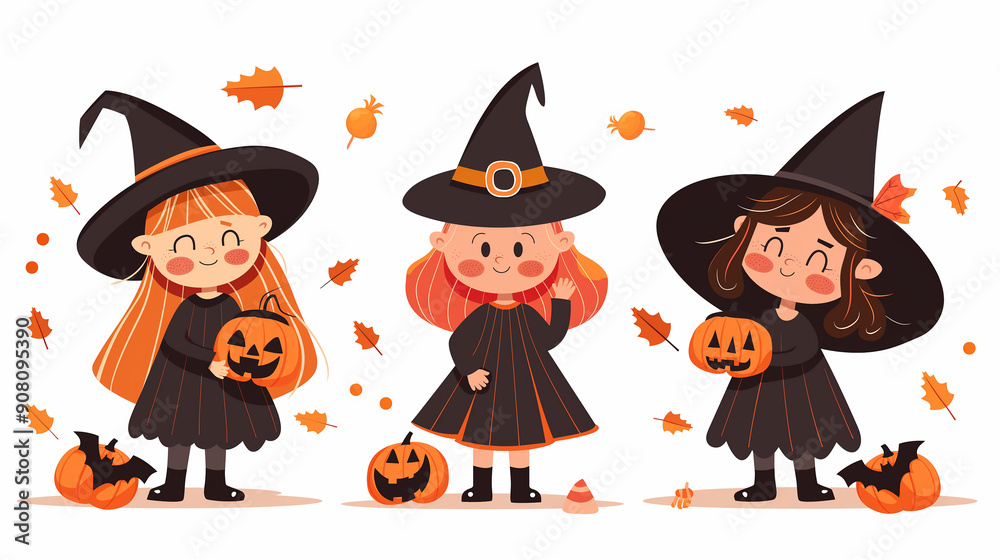 Three little girls wearing witch hats and pumpkin hats, celebrating Halloween with joy and festive spirit. Three little girls wearing witch hats and pumpkin hats, celebrating Halloween with joy and festive spirit.